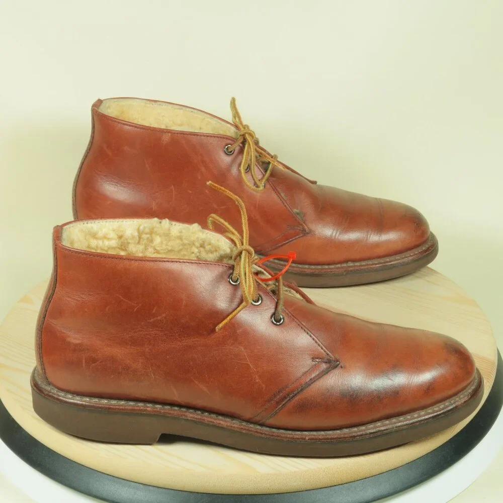 Vintage 80s LL Bean Sherpa Lined Chukka Boots Mens 8.5C Brown Sheepskin Leather